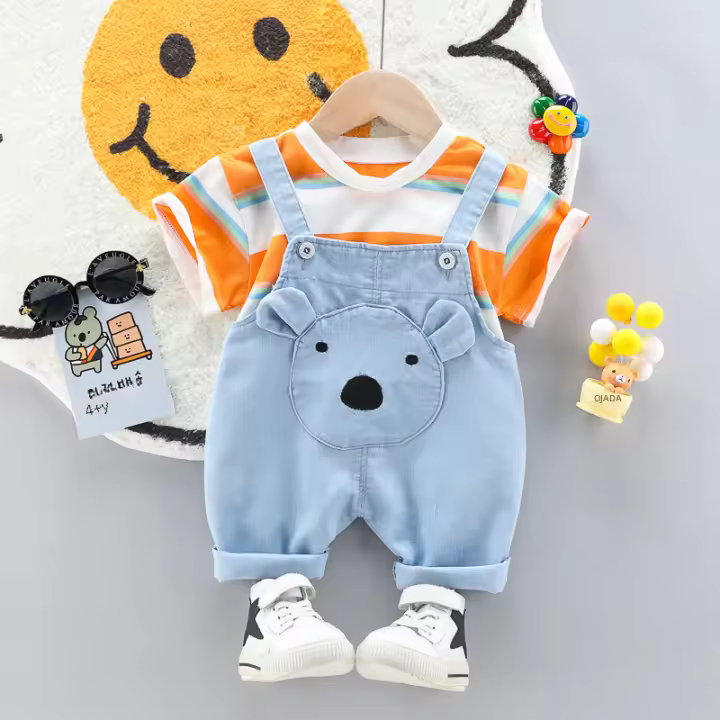 Conjunto De Ropa Para Bebe De Verano Con Overoles De Denim Y Short Camiseta Casual Unisex Algodón Y Poliéster Estilo O-cuello - 1