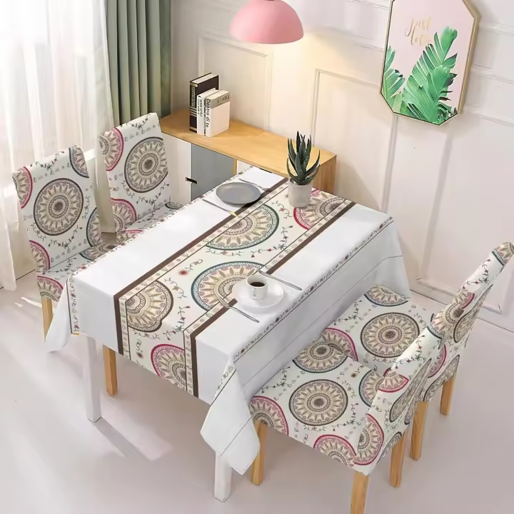 TODOBIEN STORE - Juego de Mantal y Funda de Silla, Mantel de Mesa Rectangulo 140 x 180, 4 Fundas para Silla con Elastico, 100% Poliester, Estampado Moderno. - 1