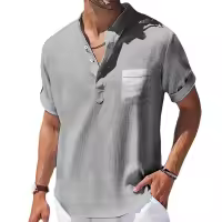 Camisa De Lino Breton Para Hombre Casual Verano Color Sólido Manga Corta Transpirable Suéter Con Bolsillo Top Basic Juvenil - details 3