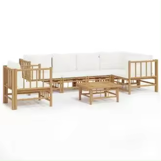 VIDAXL set de sofás y silla con mesa para jardín de 7 piezas fabricado en bambú con cojines de color blanco vida xl - 1