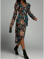 Vestido De Mujer Moda Cuello En V Manga Larga Estampado Cintura Ajustable Falda Asimétrica Abertura Frontal Largo Hasta El Tobillo Para Banquete Y Reuniones - details 12
