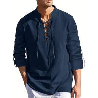 Camisas De Pirata Para Hombres Con Cuello Henry Y Cordón Algodón Y Lino Manga Larga Estilo Bohemio Para Playa Primavera Verano Tops Casual - details 3