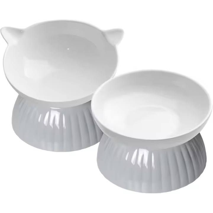 2 Ceramic Raised Cat Food Bowls, Elevated Cat Food and Water Bowl Set, Pet Bowl for Indoor Cats and Small Dogs, Anti-Vomiting Cat Dog Feeder with Plastic Base, Dishwasher Safe, Grey… - 1