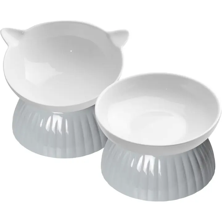 2 Ceramic Raised Cat Food Bowls, Elevated Cat Food and Water Bowl Set, Pet Bowl for Indoor Cats and Small Dogs, Anti-Vomiting Cat Dog Feeder with Plastic Base, Dishwasher Safe, Grey… - 1