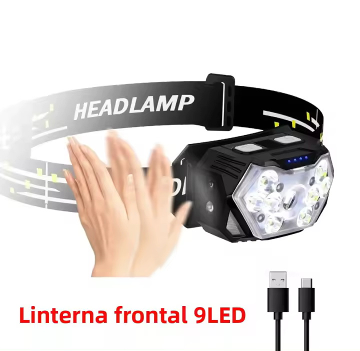Lámpara Frontal De Mano Con Sensor De Alta Potencia 9 LED Recargable Por USB Para Camping Pesca Y Actividades Al Aire Libre - 1