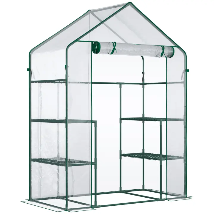 Outsunny Invernadero de Jardín Invernadero de Terraza con 4 Estantes 1 Puerta con Cremallera para Cultivo de Plantas Flores Verduras 142x73x195 cm Verde - 1