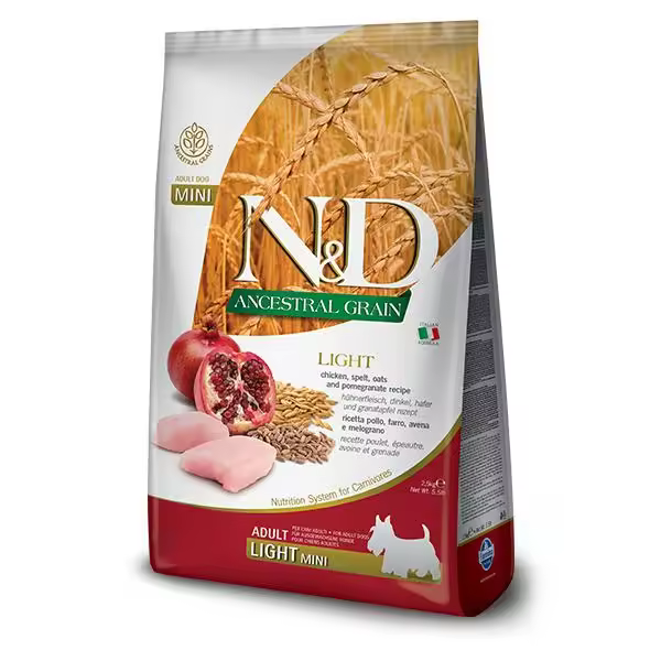 FARMINA N&D DOG ANCESTRAL LIGHT MINI 2,5KG / Alimento completo para perros adultos de razas de tamaño pequeño y mini. Elaborado a base de pollo, espelta, avena y granada. - 1