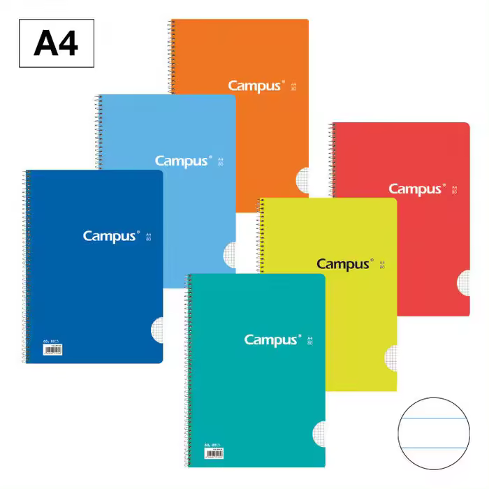 Campus - Pack de 6 libretas, Cuadernos A4 Cuadro, doble rayas y una raya.  Tapa Básica blanda , 80 hojas, perfectos para uso escolar, oficina y hogar, Colores Surtidos - 1