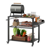 Outsunny Carrito de Parrilla de 3 Niveles Carrito de Barbacoa Carrito de Servicio con 4 Ruedas Estantes y Asa Mesa de Horno de Pizza para Jardín Patio Negro - details 0