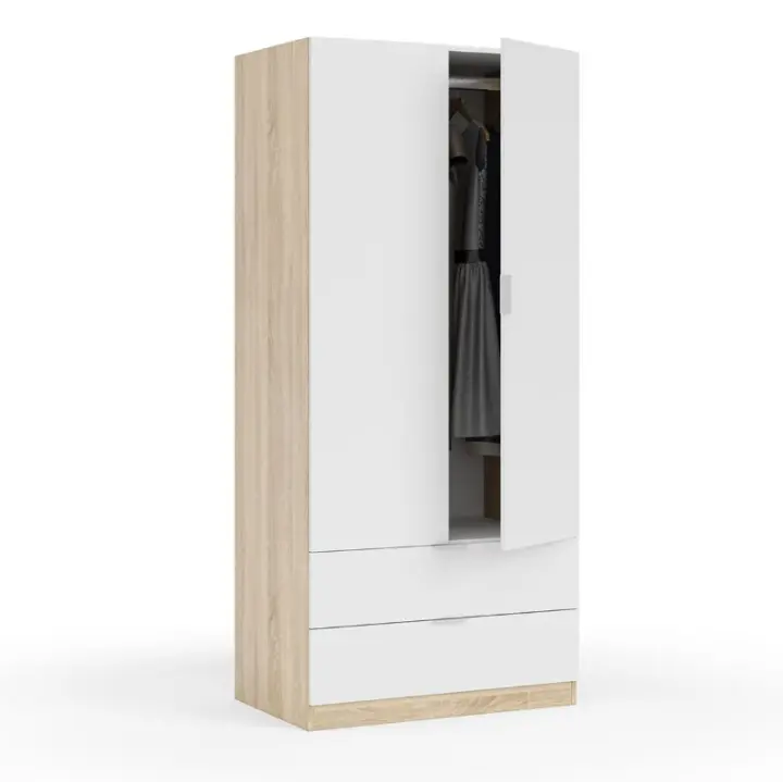 Meimon Armario de dormitorio 2 puertas con barra de colgar extraíble, 2 cajones con guías metálicas, estante interior fijo, tiradores de aluminio lacado en blanco, acabado en Roble Canadian y Blanco Artik, 180x81,5x52 cm, carga máx. 45 kg - 1
