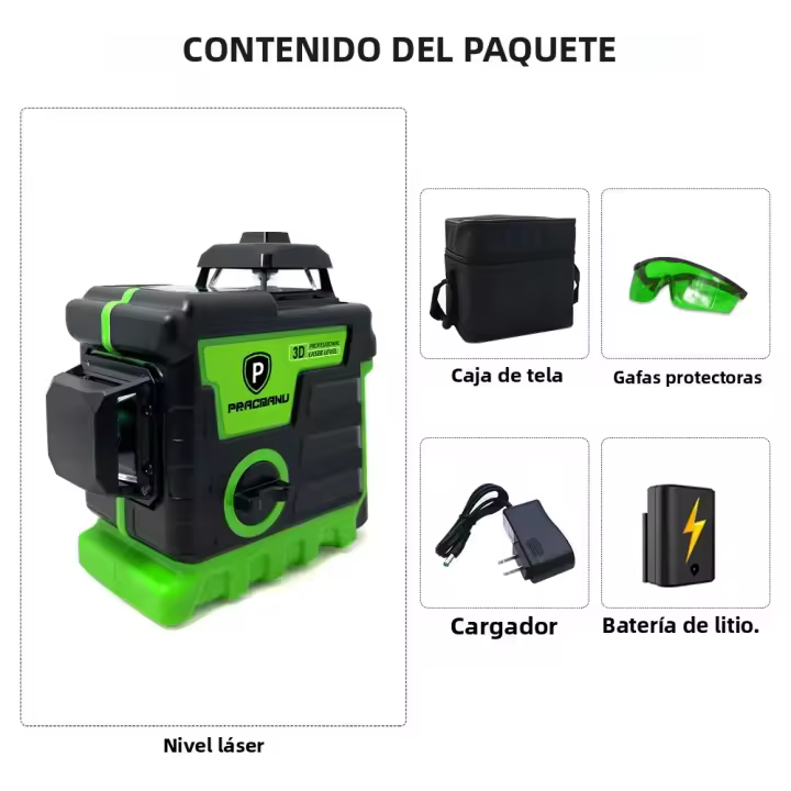 Pracmanu Nivel Láser 3D De 12 Líneas Auto-Nivelado Rayos Verdes Horizontales Y Verticales Super Potentes Para Construcción Y Jardinería - 1