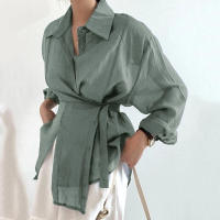 Camisa Casual Para Mujer Suelta Con Cinturón Y Cuello En V Vintage De Manga Larga Transpirable Para Oficina Y Uso Diario - details 1