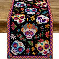 Mantelos De Lino Tejidos Con Estampado De Rosas Y Calaveras Para Decoración De Fiesta Del Día De Muertos Y Halloween Mantel Lavable Para Comedor De Casa Y Cocina - details 10