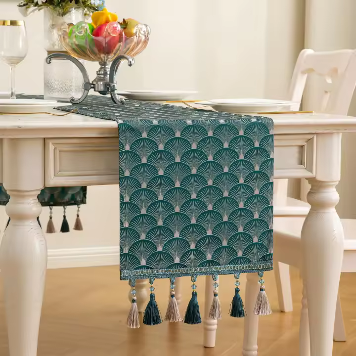 Camino de mesa, tela de damasco jacquard con bordado floral de lujo vintage con múltiples borlas para tocador de sala de estar (13 x 71 pulgadas) - 1