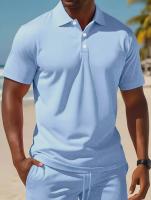 Men's summer casual set with a lightweight short-sleeved golf polo shirt and solid drawstring shorts with pockets - details 1