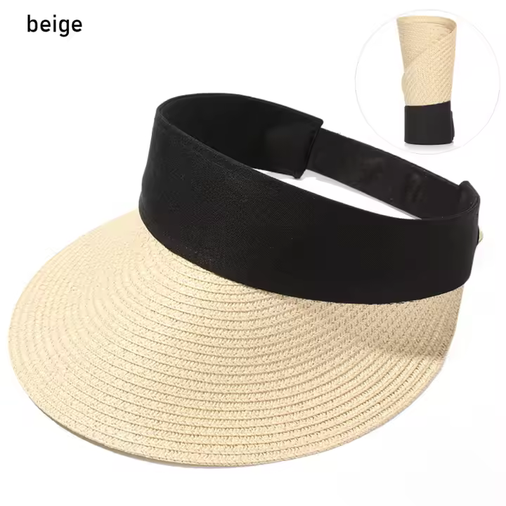 Sombrero De Playa Plegable Para Mujer Sombrilla De Verano Protección Solar Algodón Y Lino Estilo Casual Gorro De Paja Ancha - 1