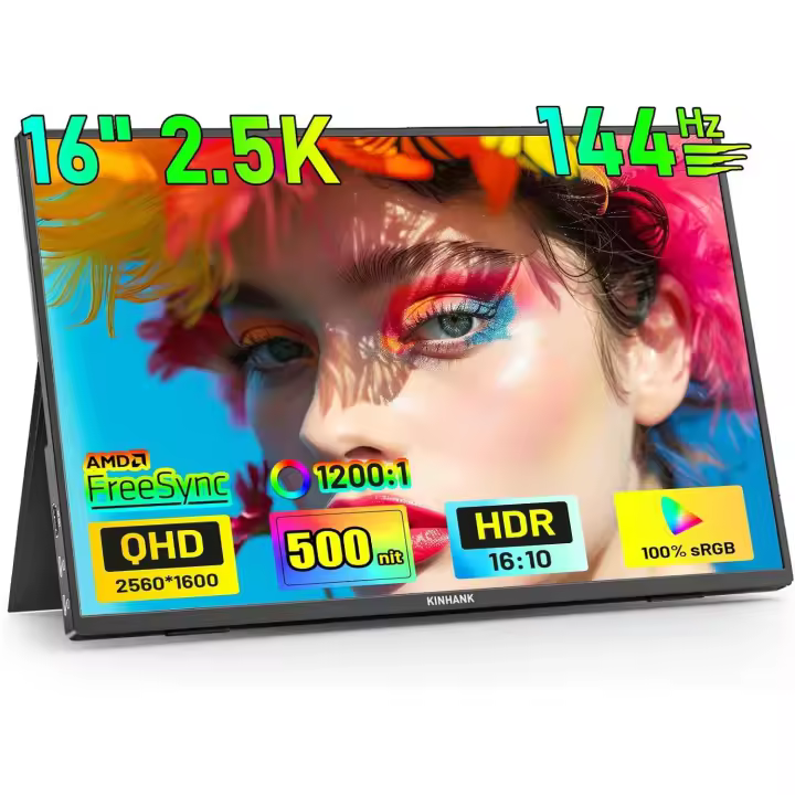 Monitor Portátil 2.5K 144Hz 16 Pulgadas 500Nits HDR FreeSync 100%sRGB 1200:1 IPS Pantalla Portatil con HDMI USB C para Laptop Mac PC PS4/5 Xbox Switch,con Funda Protectora, Compatible con VESA - 1