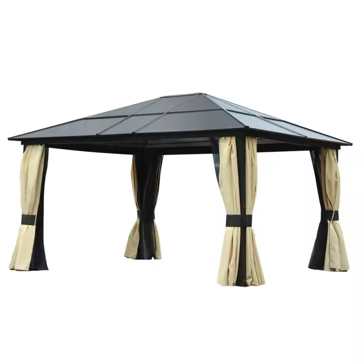 Outsunny Cenador de Jardín 4,2x3,6 m Pabellón de Aluminio Exterior con Techo de Policarbonato 4 Cortinas Laterales y 4 Mosquiteras con Cremallera para Fiestas Eventos Marrón - 1