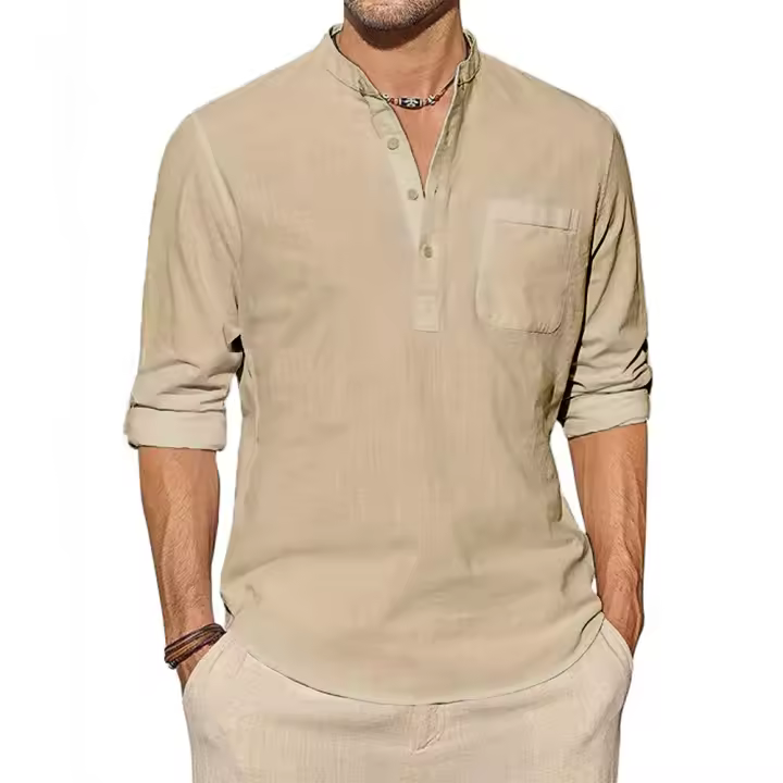 Camisa De Algodón Y Lino Para Hombre Manga Larga Estilo Casual Para Playa Camiseta Henley Con Bolsillo Top De Vacaciones Streetwear - 1