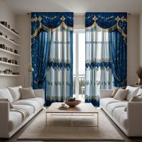 2 Piezas Cortinas De Tela Poliéster HD Azul Y Amarillo Con Bordado Para Decoración De Hogar Estilo Rústico Para Sala De Estar Y Dormitorio - details 2