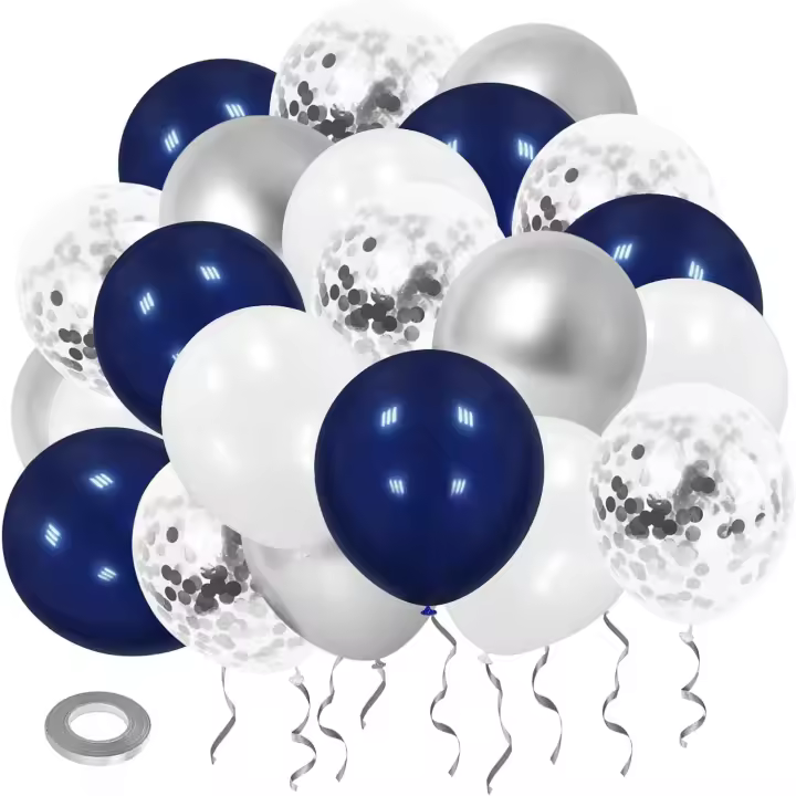 Ballons Bleus et Argentés, 50 pcs Ballons Bleu Marine, 12 pouces Grands Ballon à Confettis Bleus et Argentés pour fête d'anniversaire - 1