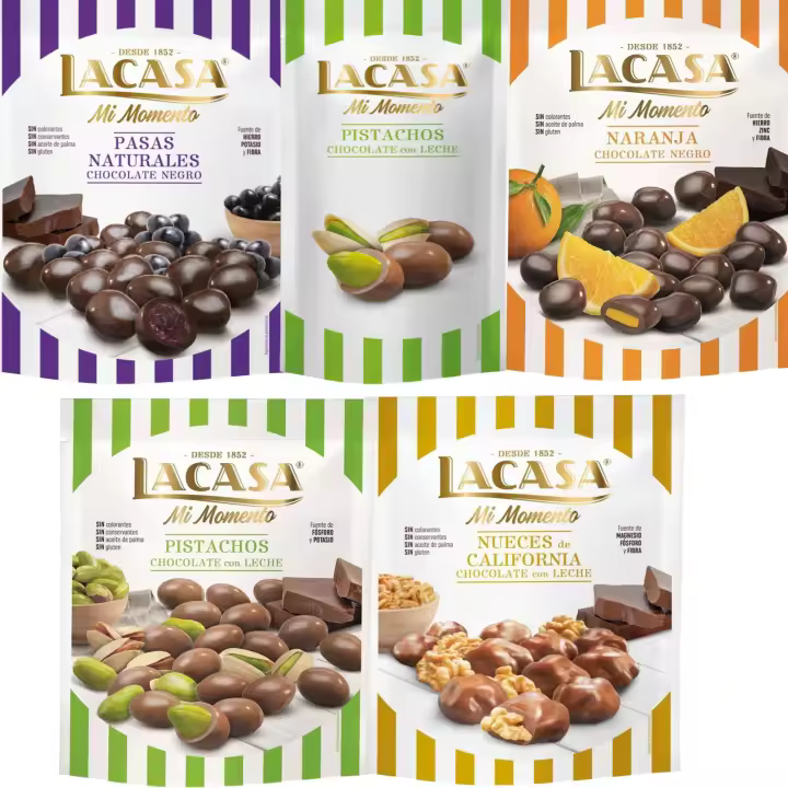 Lacasa Mi Momento pack de 5:Pistacho Leche 50G,Nueces Leche 115G,Pasas choco Negro 150G,Naranja choco Negro 125G,Pistacho Leche 100G - 1