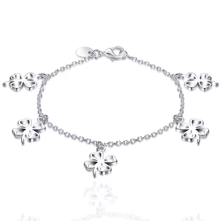 925 Sterling Silver Heart Lucky Clover Chain Bracelet for Women Fashion Charming Jewelry - 1