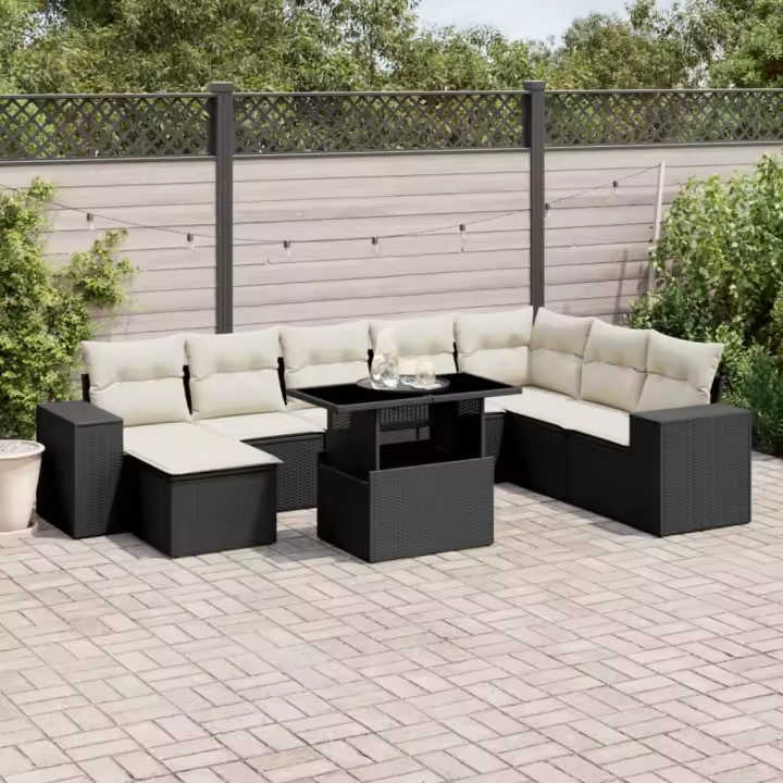 vidaXL Set de sofás de jardín 8 piezas y cojines ratán sintético negro - 1