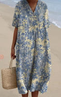 Vestido Midi De Algodón Y Lino Sólido Para Mujer Estilo Casual Verano Manga Corta Cuello En V Vestido De Playa Vacaciones - details 3