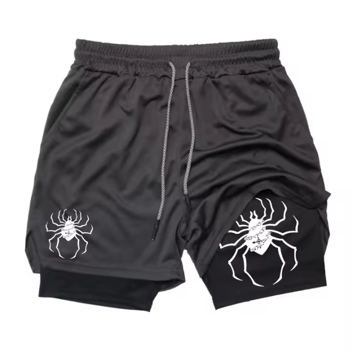 Shorts De Rendimiento Para Hombre Con Estampado De Araña 2 En 1 Shorts De Gym Para Correr Con Bolsillos Para Teléfono Y Cinta Atleta Activo - 1