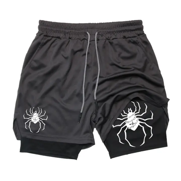 Shorts De Rendimiento Para Hombre Con Estampado De Araña 2 En 1 Shorts De Gym Para Correr Con Bolsillos Para Teléfono Y Cinta Atleta Activo - 1
