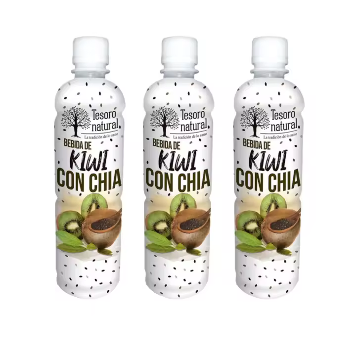 3 BOTELLAS  BEBIDA DE CHIA 450ML ( KIWI CON CHÍA, MANGO CON CHÍA, MELOCOTÓN CON CHÍA, AND PIÑA CON CHÍA.)TESORO NATURAL - 1