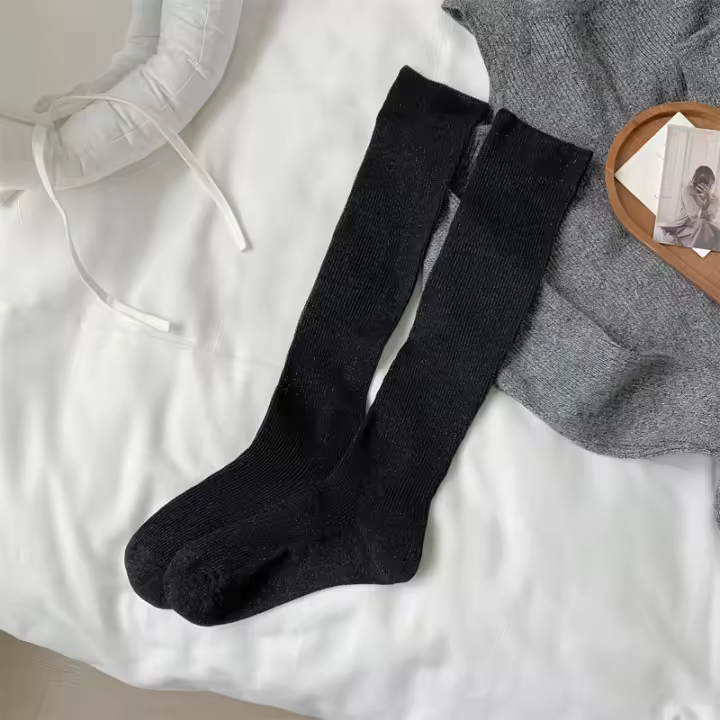 Medias Largas De Algodón Para Mujer Estilo Casual Fashion Comodidad Ajuste a Pierna Medias Hasta La Cadera Color Sólido - 1