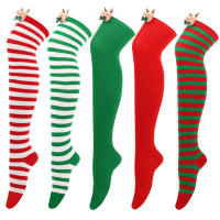 Novena Medias Navideñas Decorativas De Muñeca Calcetines De Pierna Sobre La Rodilla Estampado De Ciervo Y Rayas Para Mujer - details 0