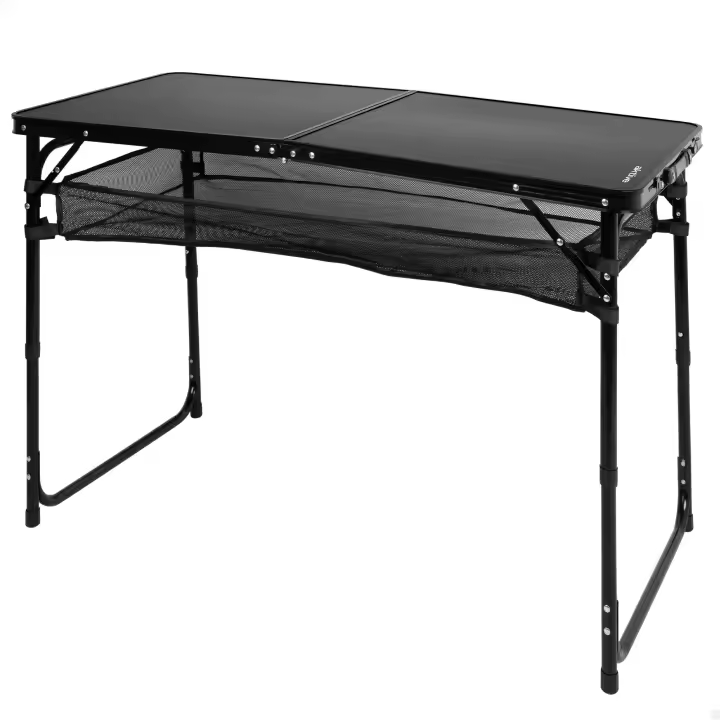 Aktive - Mesa plegable exterior, 120x60x60/70 cm, color negro, ajustable en altura, topes antideslizantes, asa de transporte, cierre de seguridad, incluye red auxiliar desmontable, peso soportado 30 kg, mesas de camping, playa y jardín - 1