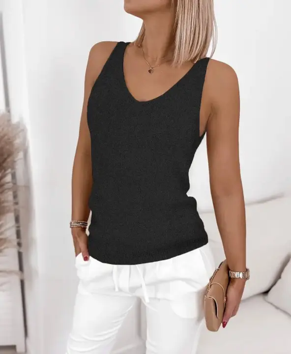 Chaleco De Punto Para Mujer Estilo Primavera/verano V-Neck Casual Versátil Sencillo Moda De Calle Color Sólido Chaleco De Suéter - 1