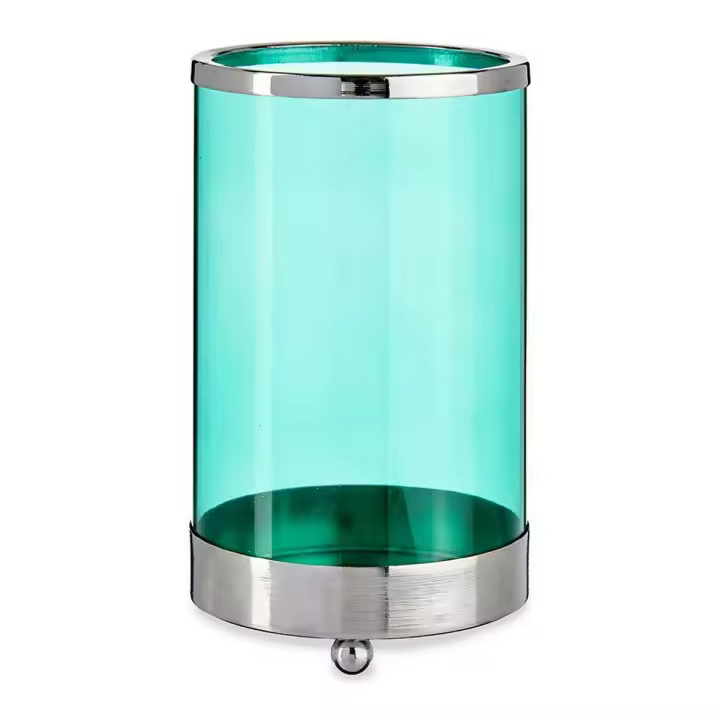 Portavelas Plateado Azul Cilindro Metal Vidrio (9,7 x 16,5 x 9,7 cm) - 1