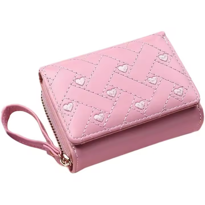 Monedero pequeño para mujer con corazón bordado, tarjetero de tres pliegues con múltiples ranuras para tarjetas - 1