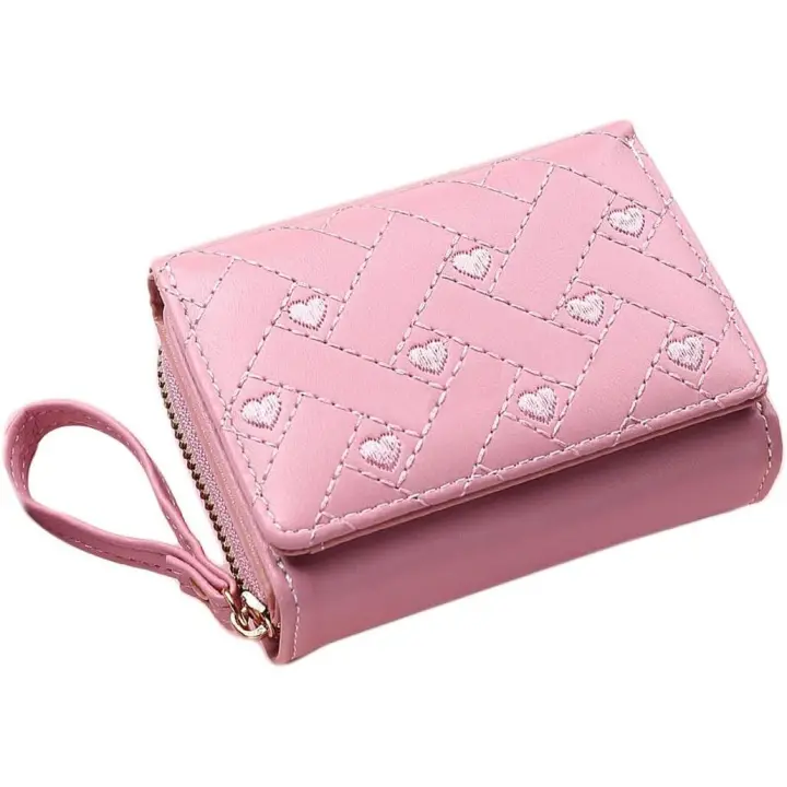 Monedero pequeño para mujer con corazón bordado, tarjetero de tres pliegues con múltiples ranuras para tarjetas - 1