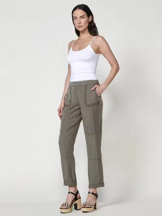 Koroshi - Pantalón jogger de lyocell para mujer con cenefa bordada, tiro alto y caída fluida – Koroshi - 1