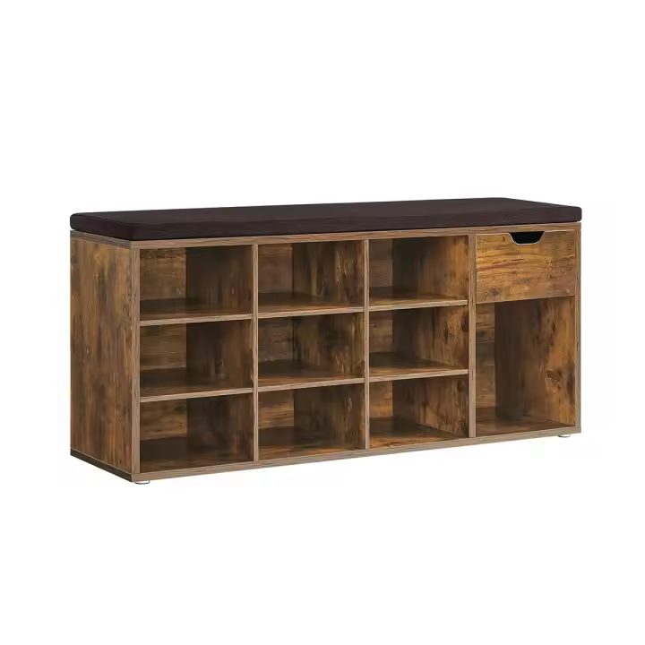 Banco zapatero con asiento acolchado, estante para zapatos, ideal para entrada, pasillo y dormitorio, marrón vintage, 30x104x48 cm - 1