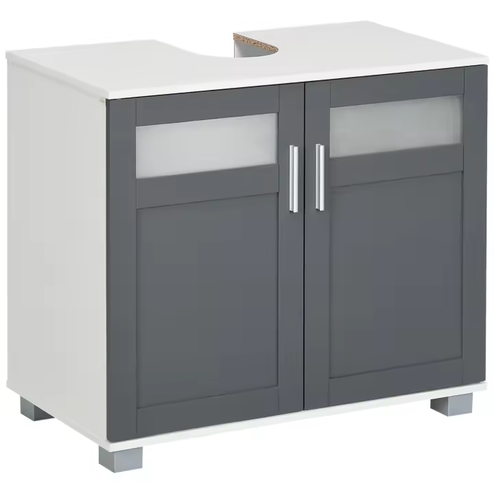 kleankin Mueble para Debajo del Lavabo Armario de Baño Bajo Lavabo con 2 Puertas de Vidrio Templado y Estante Ajustable 69x35x59 cm Blanco y Gris - 1