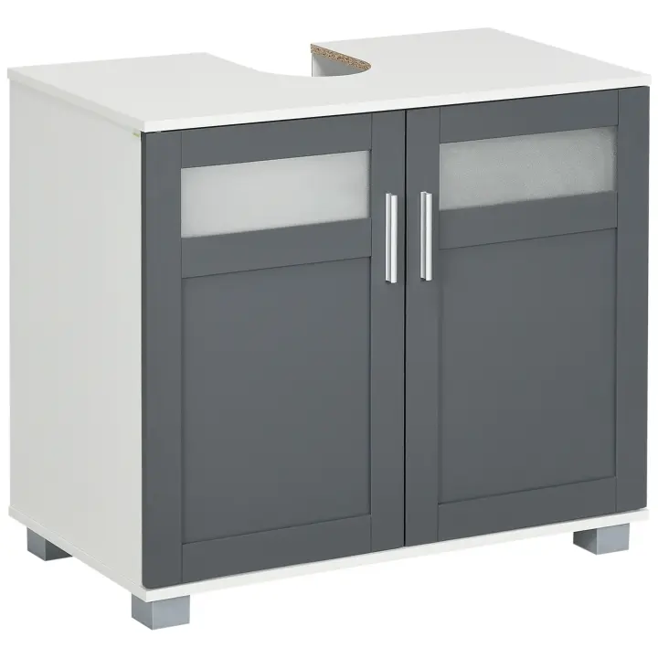 kleankin Mueble para Debajo del Lavabo Armario de Baño Bajo Lavabo con 2 Puertas de Vidrio Templado y Estante Ajustable 69x35x59 cm Blanco y Gris - 1