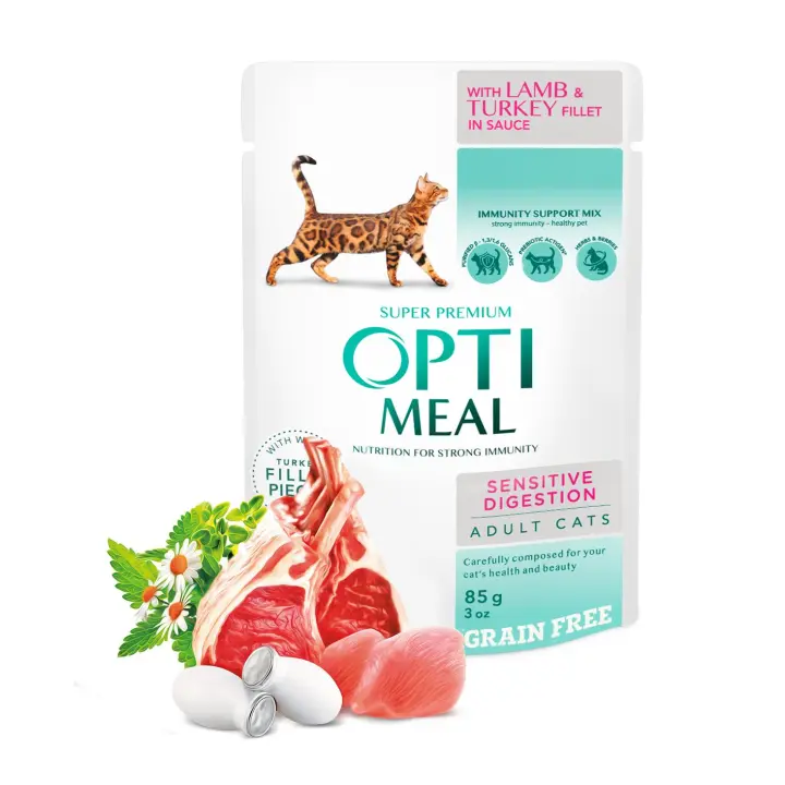 Comida húmeda completa para gatos adultos OPTIMEAL con digestión sensible ,SIN CEREALES,con cordero y filete de pavo en salsa,Pack 12*85g - 1