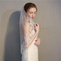 Velo De Novia Con Encaje Y Lentejuelas Corto 2 Capas Tulle Suave En Blanco Y Algodón Para Mujer Con Cinta En La Cintura - details 3