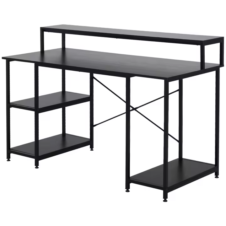 HOMCOM Mesa para Computadora Escritorio de Oficina Estudio con 3 Estantes Tabla Superior Patas con Almohadillas Ajustables Antideslizantes Marco Metálico 140x60x93 cm Negro - 1