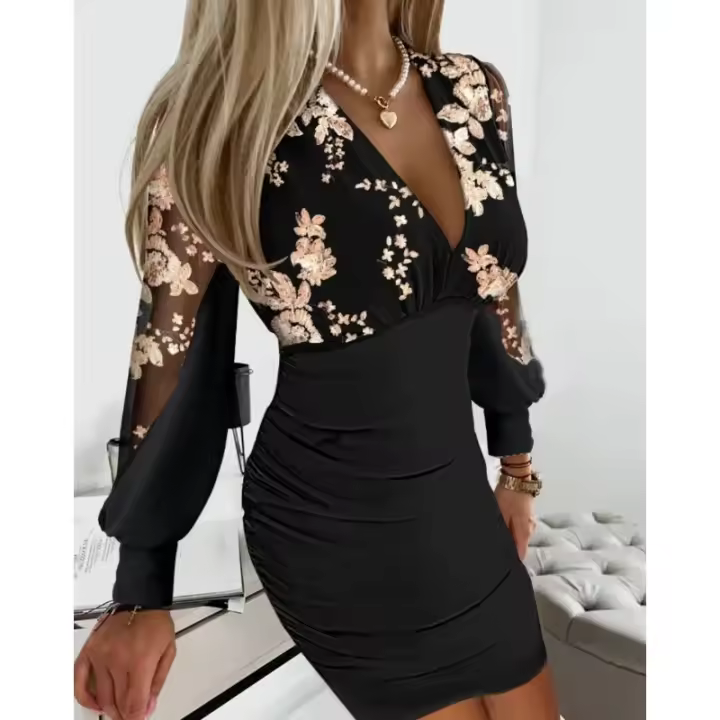 Nuevo Vestido Casual Para Mujer Primavera Verano V-cuello Color Sólido Impreso Cintura Ajustada Manga Larga Vestido De Compaña Para Vacaciones - 1