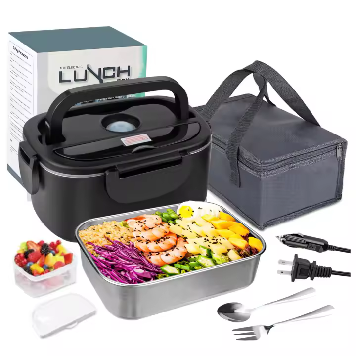 Fiambrera con calefacción eléctrica 2 en 1, fiambrera portátil de acero inoxidable con revestimiento, Bento, contenedor de alimentos, para coche y hogar, 12/24/220V, 1.5L, 60W - 1