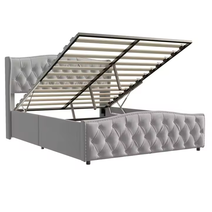 Cama tapizada capitoné 140x200/160x200 cm, cama de matrimonio con canapé hidráulico, somier de lamas y almacenamiento, terciopelo - 1