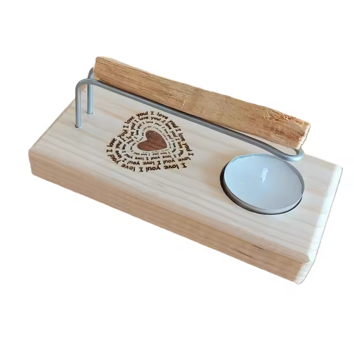 Quemador para Palo Santo, Inciensos o Atador. Con grabado Corazón con frase de amor, fabricado artesanalmente, base de madera, varillas metalicas, incluye vela de te y palo santo. Marca YA-DECOREGALOS - 1